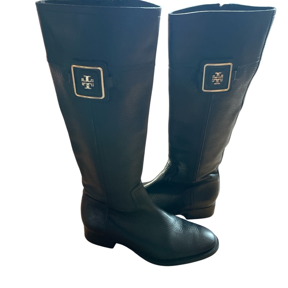 Tory Burch Black Leather Julian Riding Boots with Gold Buckle